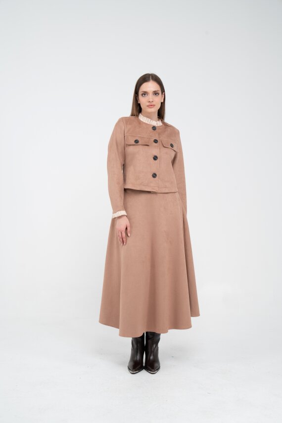 Düğme Detaylı Süet Etek Ceket Takım K8089 - 19