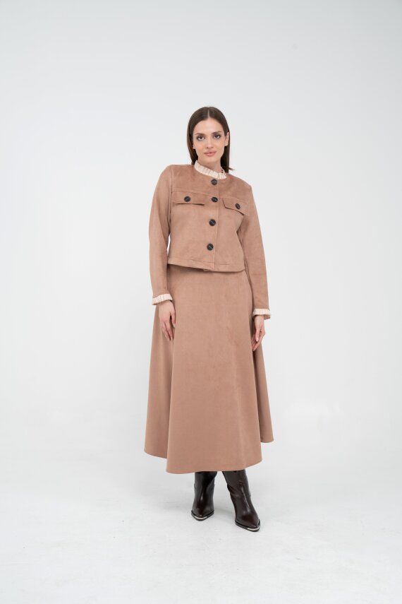 Düğme Detaylı Süet Etek Ceket Takım K8089 - 24