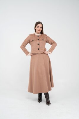 Düğme Detaylı Süet Etek Ceket Takım K8089 - 25