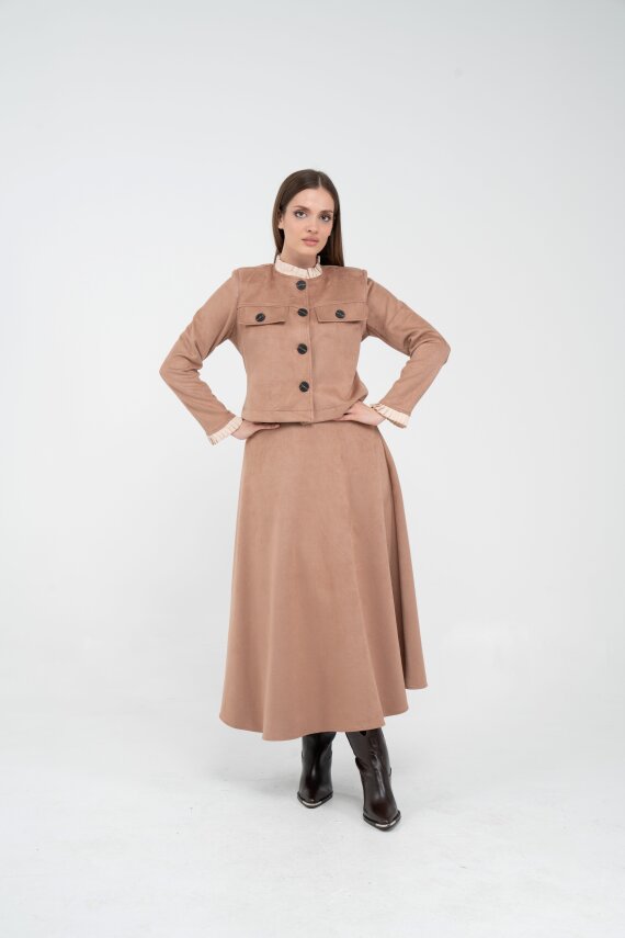 Düğme Detaylı Süet Etek Ceket Takım K8089 - 25