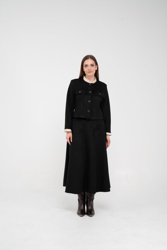 Düğme Detaylı Süet Etek Ceket Takım K8089 - 26