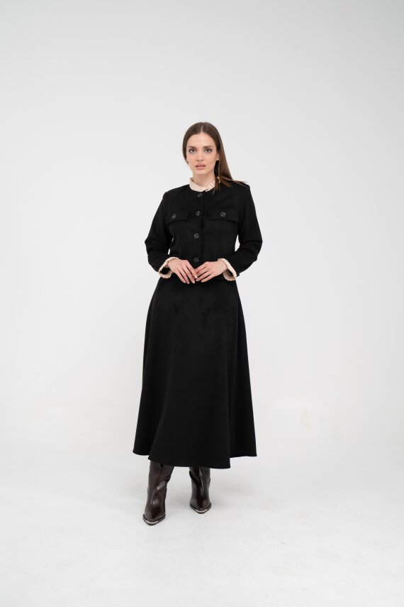 Düğme Detaylı Süet Etek Ceket Takım K8089 - 32