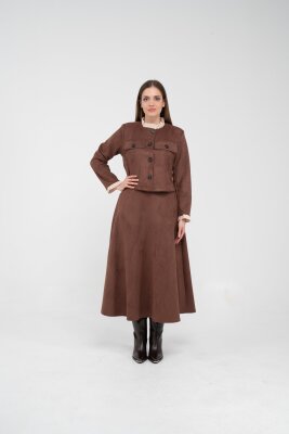 Düğme Detaylı Süet Etek Ceket Takım K8089 - 34