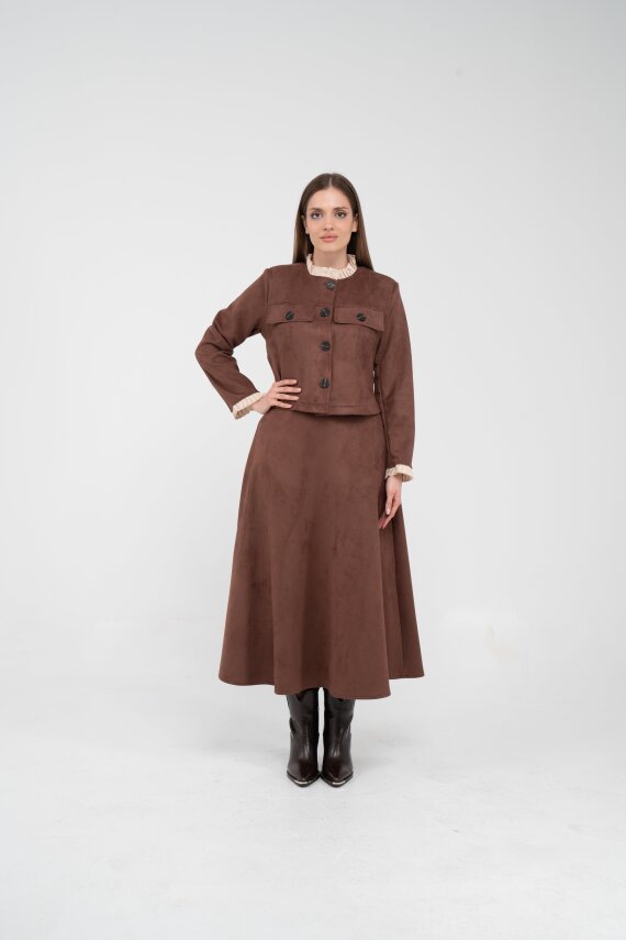 Düğme Detaylı Süet Etek Ceket Takım K8089 - 34