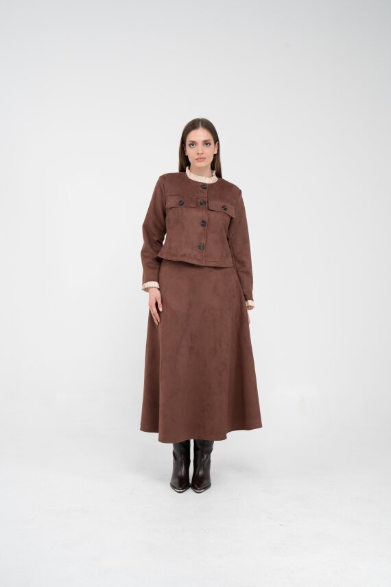 Düğme Detaylı Süet Etek Ceket Takım K8089 - 38