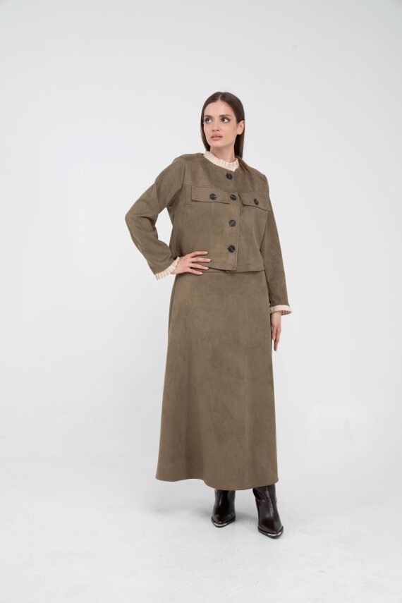 Düğme Detaylı Süet Etek Ceket Takım K8089 - 42