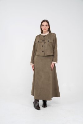 Düğme Detaylı Süet Etek Ceket Takım K8089 - 44