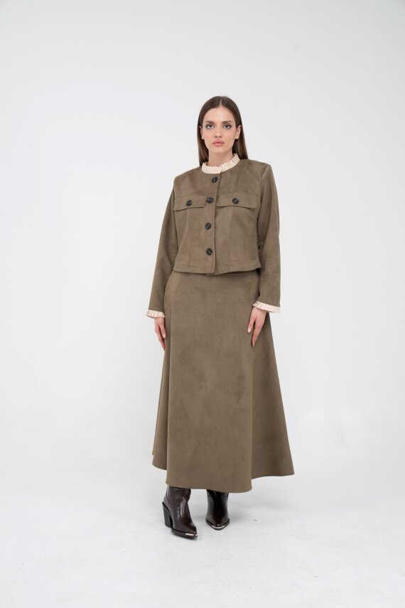 Düğme Detaylı Süet Etek Ceket Takım K8089 - 44