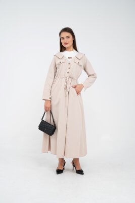 Düğmeli Bel Bağcıklı Trençkot Detaylı Elbise K1746 - SASİLVA