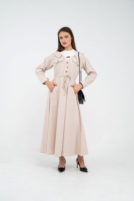 Düğmeli Bel Bağcıklı Trençkot Detaylı Elbise K1746 - 2