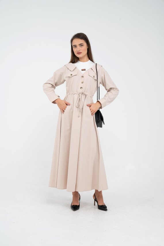 Düğmeli Bel Bağcıklı Trençkot Detaylı Elbise K1746 - 2