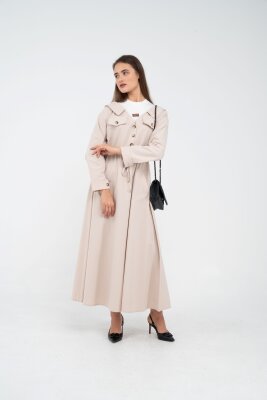Düğmeli Bel Bağcıklı Trençkot Detaylı Elbise K1746 - 3