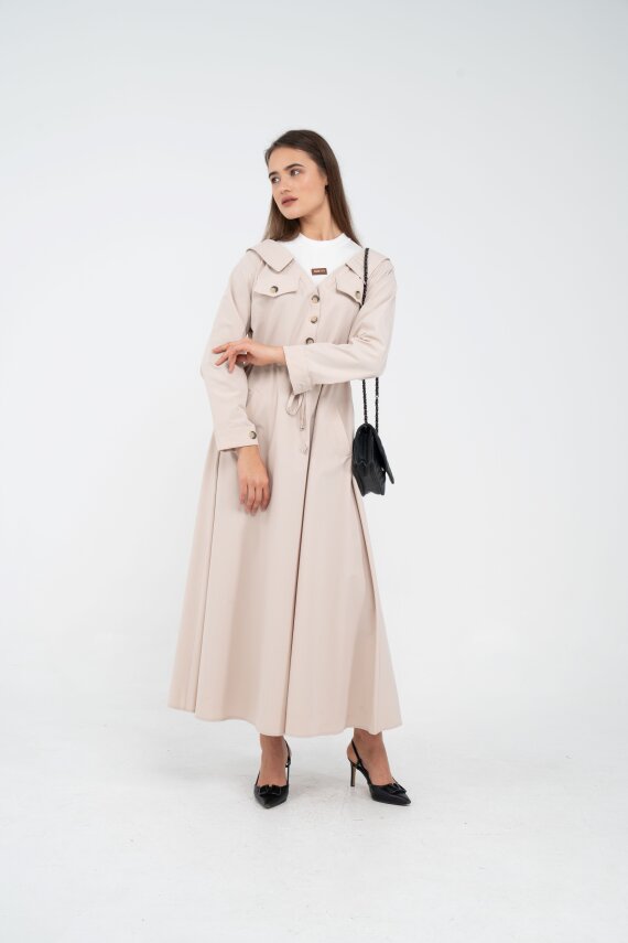 Düğmeli Bel Bağcıklı Trençkot Detaylı Elbise K1746 - 3