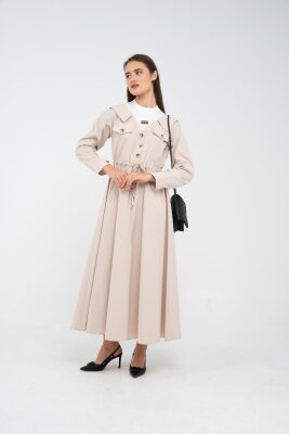 Düğmeli Bel Bağcıklı Trençkot Detaylı Elbise K1746 - 7