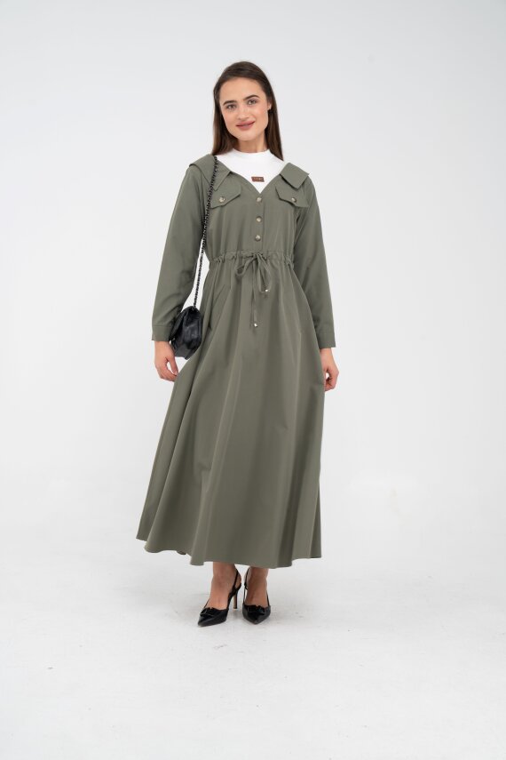 Düğmeli Bel Bağcıklı Trençkot Detaylı Elbise K1746 - 9