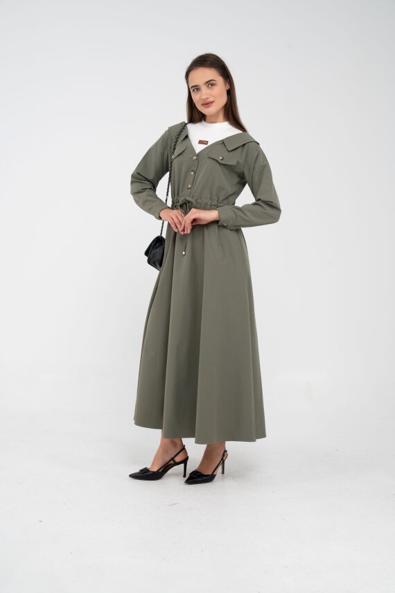 Düğmeli Bel Bağcıklı Trençkot Detaylı Elbise K1746 - 8