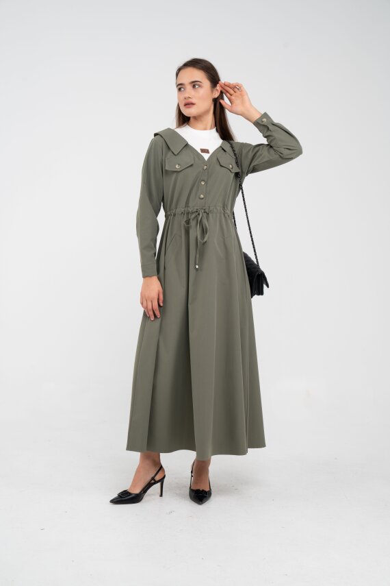 Düğmeli Bel Bağcıklı Trençkot Detaylı Elbise K1746 - 14