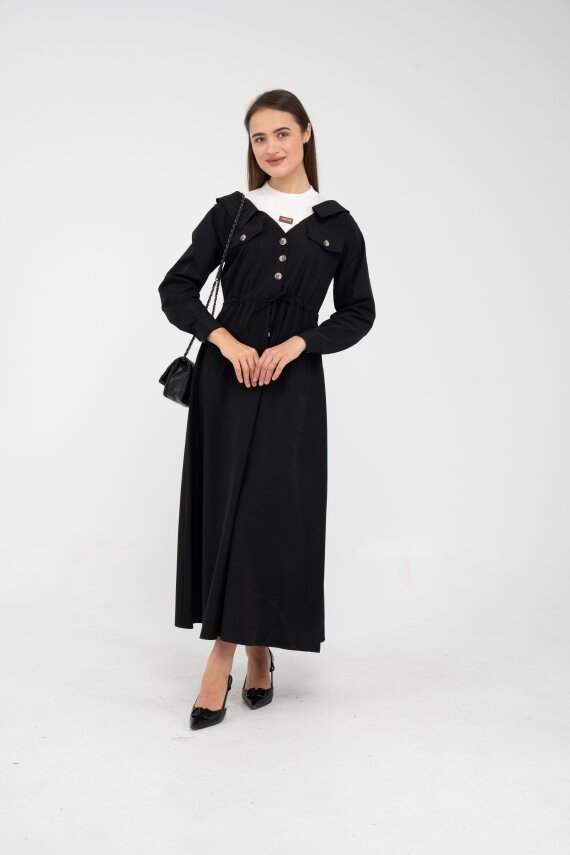 Düğmeli Bel Bağcıklı Trençkot Detaylı Elbise K1746 - 16