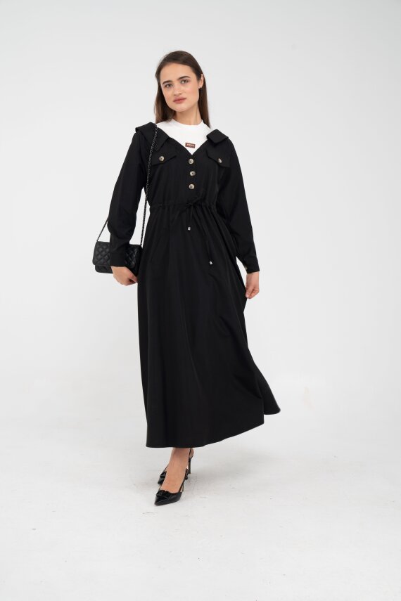Düğmeli Bel Bağcıklı Trençkot Detaylı Elbise K1746 - 17