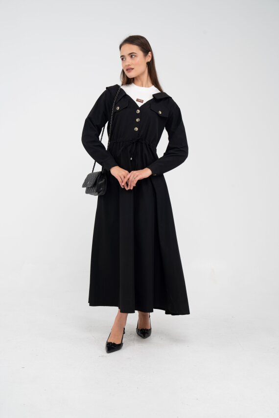 Düğmeli Bel Bağcıklı Trençkot Detaylı Elbise K1746 - 18