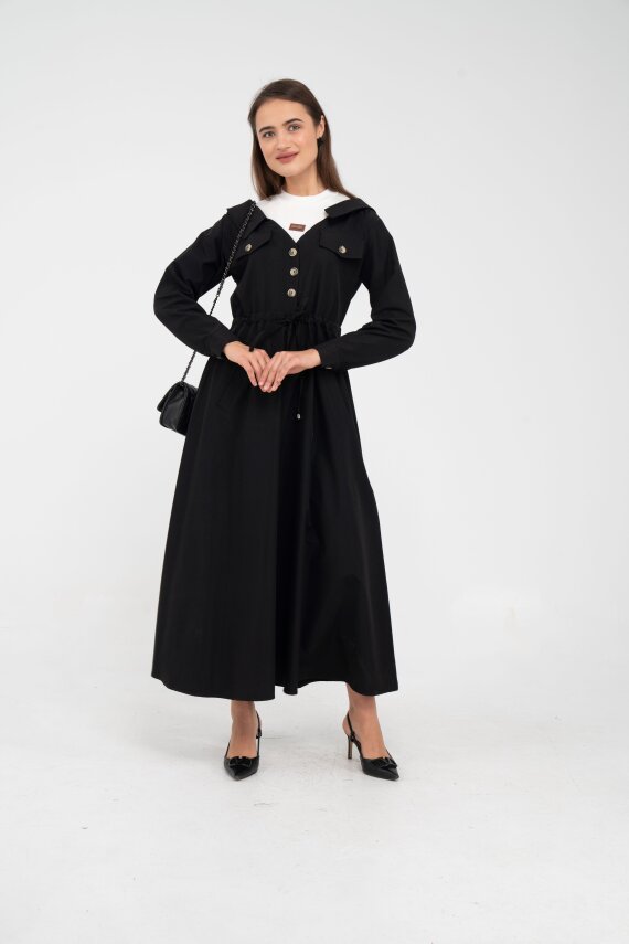 Düğmeli Bel Bağcıklı Trençkot Detaylı Elbise K1746 - 19