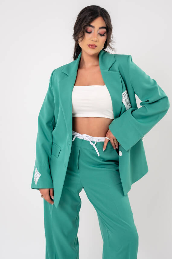 Etiket Baskılı Kol Detaylı Blazer Ceket Palazzo Pantolon Takım TKM16014 - 2