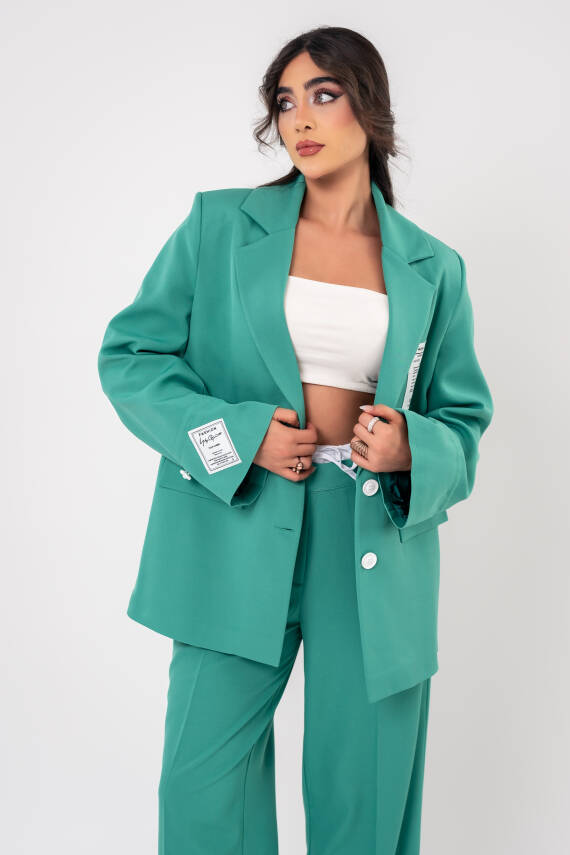 Etiket Baskılı Kol Detaylı Blazer Ceket Palazzo Pantolon Takım TKM16014 - 3
