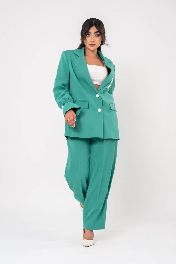 Etiket Baskılı Kol Detaylı Blazer Ceket Palazzo Pantolon Takım TKM16014 - 5