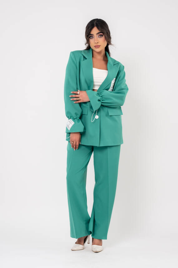 Etiket Baskılı Kol Detaylı Blazer Ceket Palazzo Pantolon Takım TKM16014 - 6