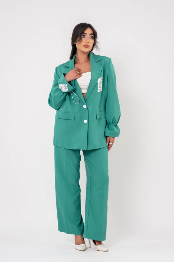 Etiket Baskılı Kol Detaylı Blazer Ceket Palazzo Pantolon Takım TKM16014 - 7
