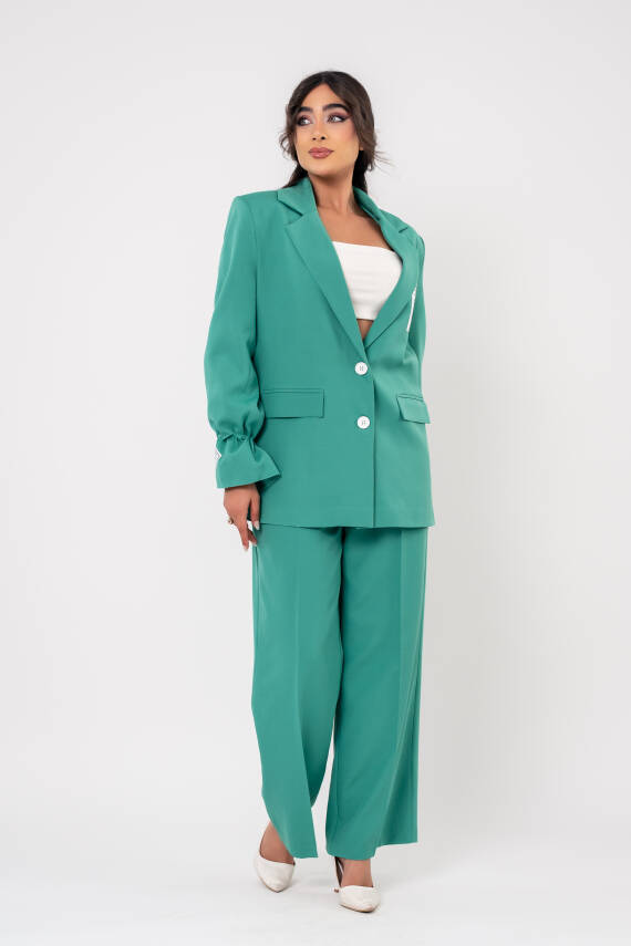 Etiket Baskılı Kol Detaylı Blazer Ceket Palazzo Pantolon Takım TKM16014 - 8
