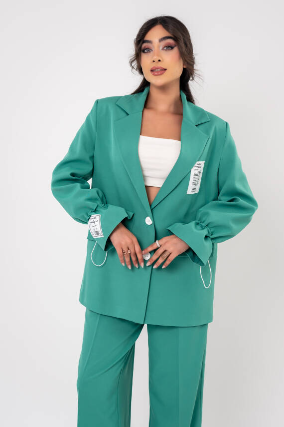 Etiket Baskılı Kol Detaylı Blazer Ceket Palazzo Pantolon Takım TKM16014 - 9