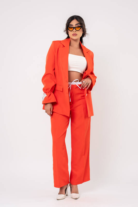  Etiket Baskılı Kol Detaylı Blazer Ceket Palazzo Pantolon Takım TKM16014 - 6