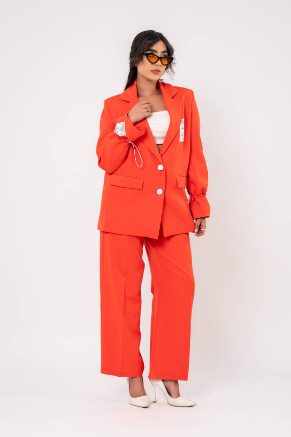  Etiket Baskılı Kol Detaylı Blazer Ceket Palazzo Pantolon Takım TKM16014 - 8