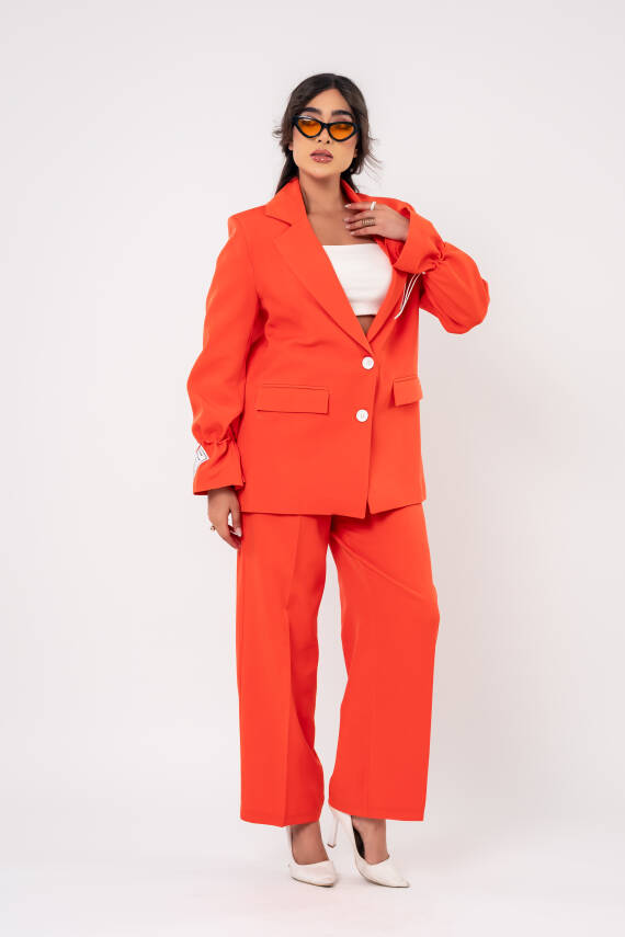  Etiket Baskılı Kol Detaylı Blazer Ceket Palazzo Pantolon Takım TKM16014 - 10