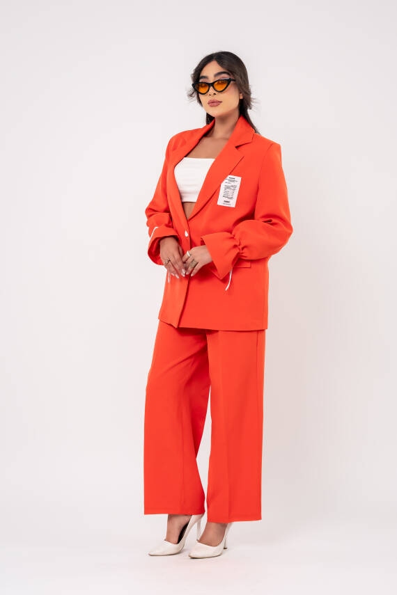  Etiket Baskılı Kol Detaylı Blazer Ceket Palazzo Pantolon Takım TKM16014 - 4