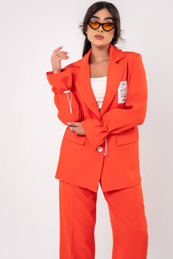  Etiket Baskılı Kol Detaylı Blazer Ceket Palazzo Pantolon Takım TKM16014 - 2