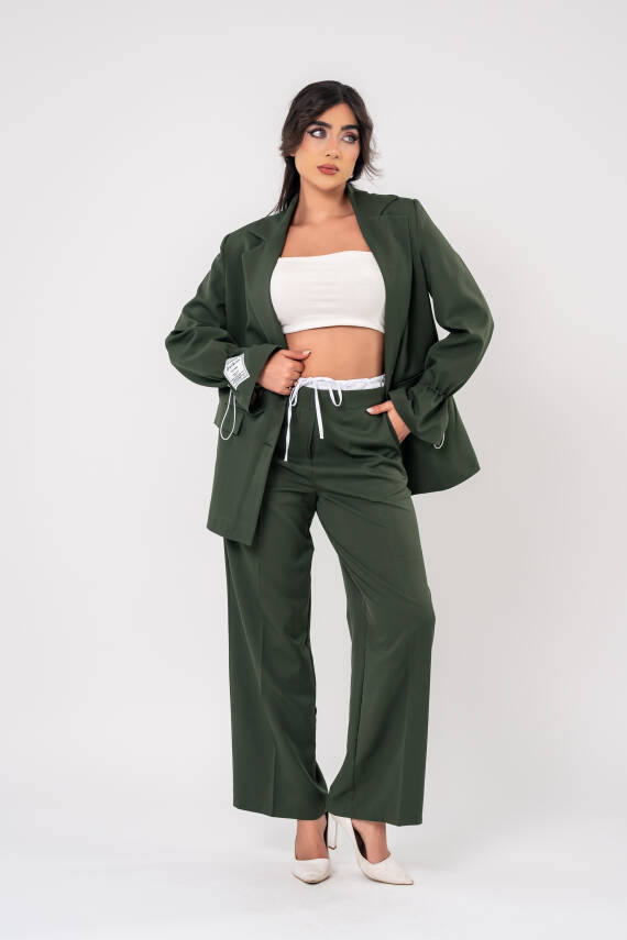 Etiket Baskılı Kol Detaylı Blazer Ceket Palazzo Pantolon Takım TKM16014 - 6