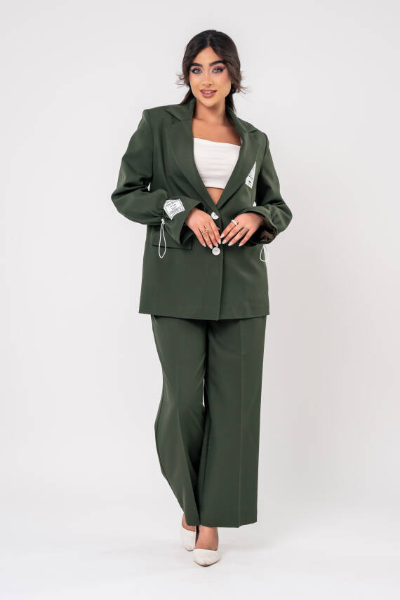 Etiket Baskılı Kol Detaylı Blazer Ceket Palazzo Pantolon Takım TKM16014 - 7