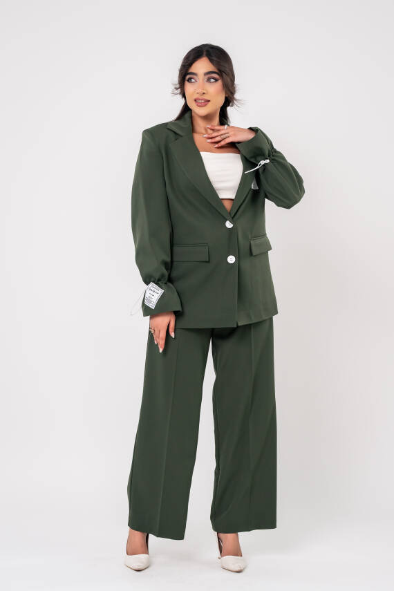 Etiket Baskılı Kol Detaylı Blazer Ceket Palazzo Pantolon Takım TKM16014 - 8