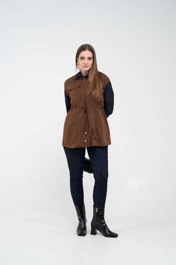 Fermuarlı Bel Büzgülü Cepli Kadın Yelek 8099 - 22