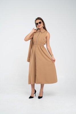 Fermuarlı Tasarım Detaylı Bel Lastikli Midi Kadın Elbise 1728 - 3