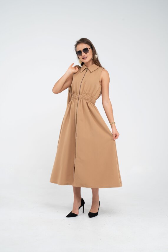 Fermuarlı Tasarım Detaylı Bel Lastikli Midi Kadın Elbise 1728 - 4