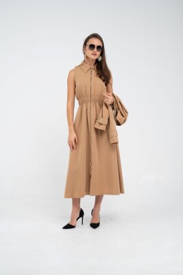 Fermuarlı Tasarım Detaylı Bel Lastikli Midi Kadın Elbise 1728 - 9