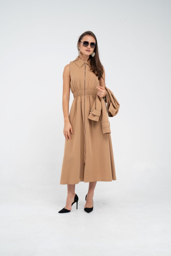 Fermuarlı Tasarım Detaylı Bel Lastikli Midi Kadın Elbise 1728 - 9