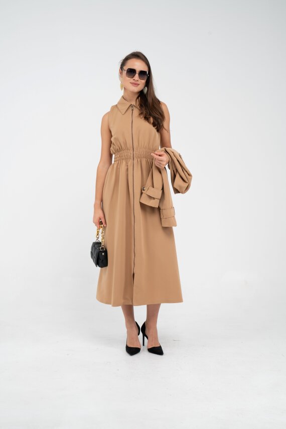 Fermuarlı Tasarım Detaylı Bel Lastikli Midi Kadın Elbise 1728 - 10