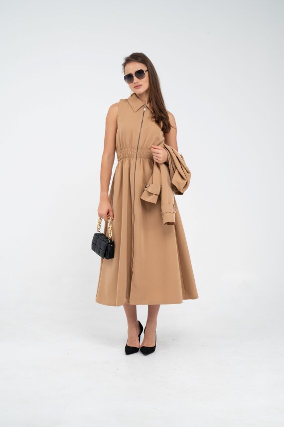 Fermuarlı Tasarım Detaylı Bel Lastikli Midi Kadın Elbise 1728 - 11