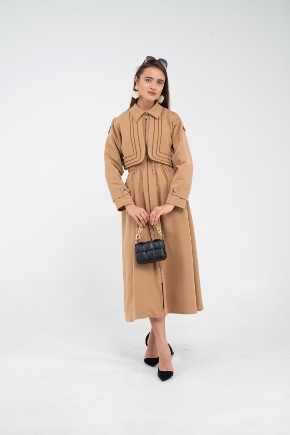 Fermuarlı Tasarım Detaylı Bel Lastikli Midi Kadın Elbise 1728 - 2