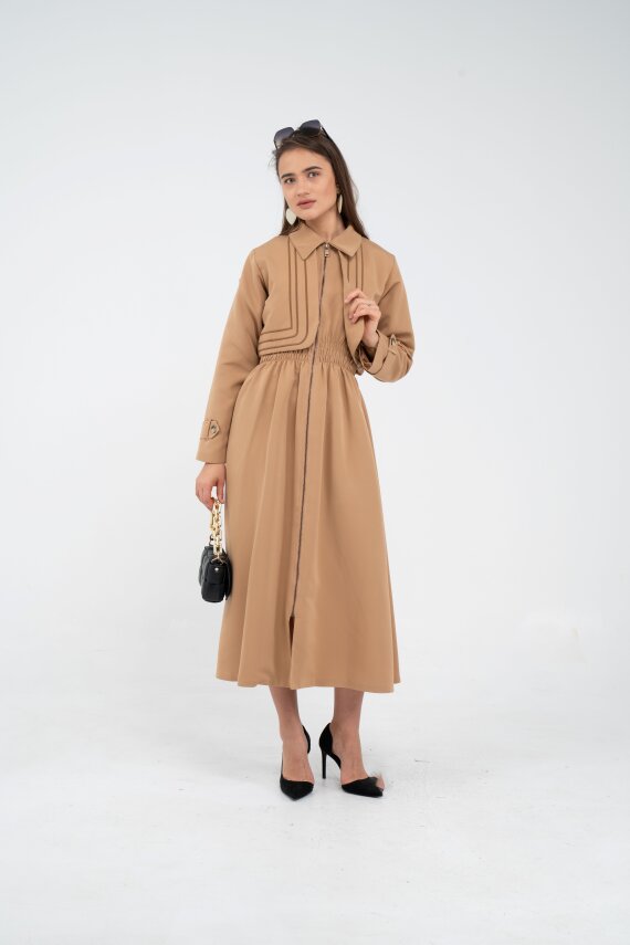 Fermuarlı Tasarım Detaylı Bel Lastikli Midi Kadın Elbise 1728 - 12