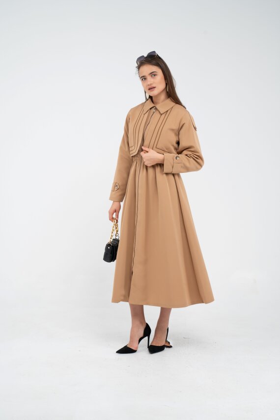 Fermuarlı Tasarım Detaylı Bel Lastikli Midi Kadın Elbise 1728 - 1